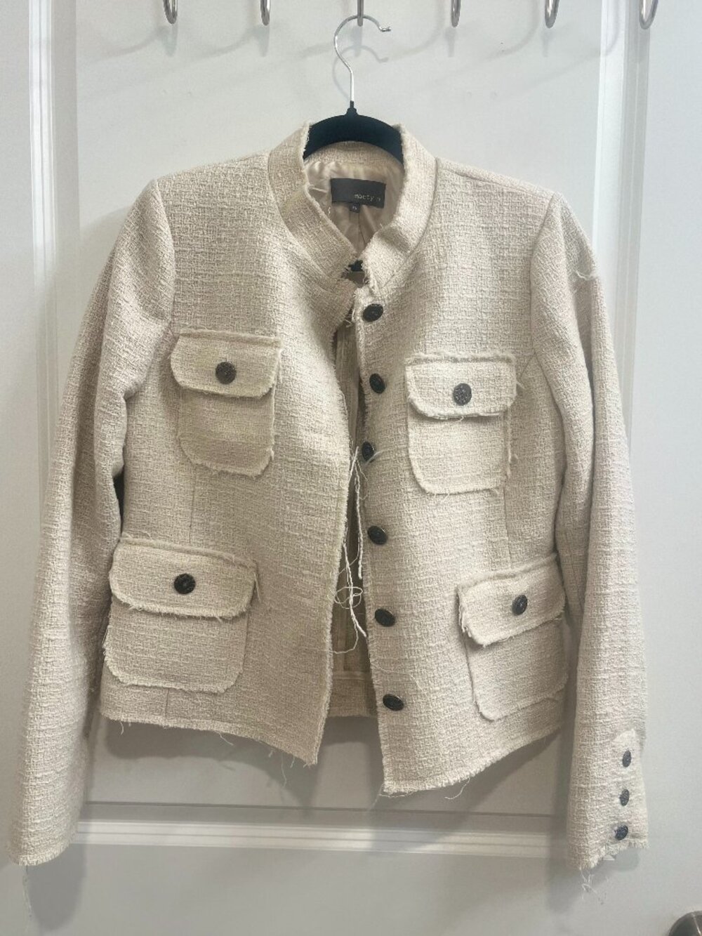 Cream Bouclé Tweed Button Down Military Utility Jacket Size 6